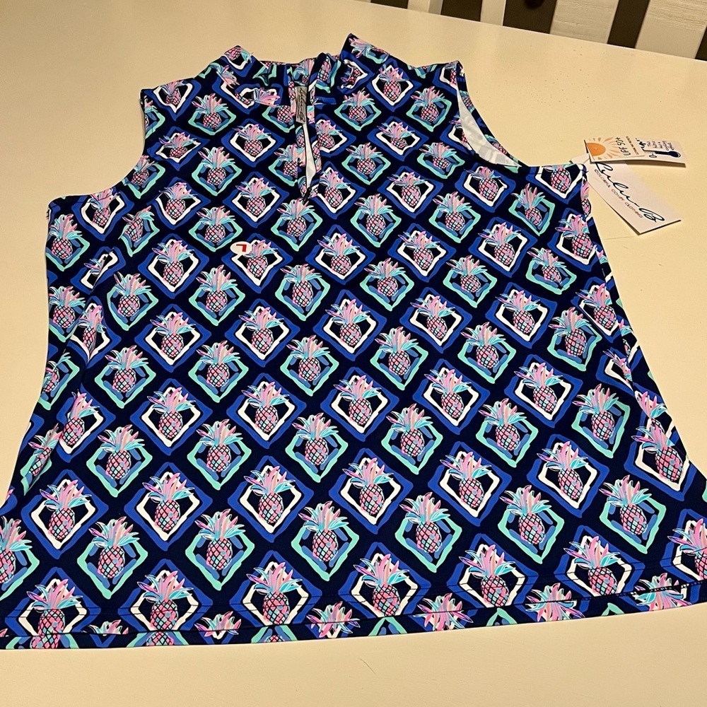 Lulu-B Pineapple Print Sleeveless Quarter-Zip Top UPF 50 Cooling Fabric L NWT lg - Picture 1 of 11